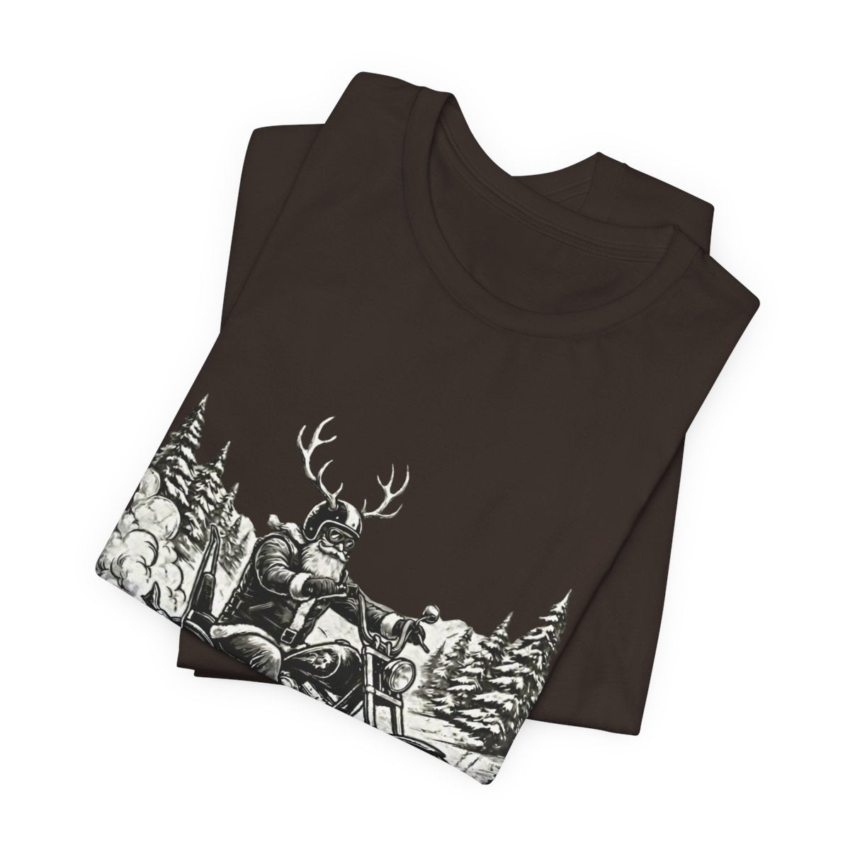Santa Biker with Antlers Riding Through Snowy Forest Shirt