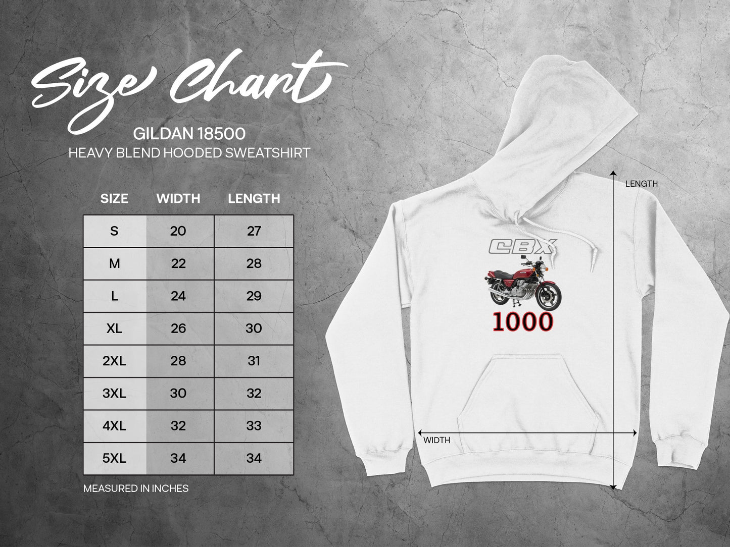 CBX 1000 Motorcycle Sweatshirt Size Chart Hoodie