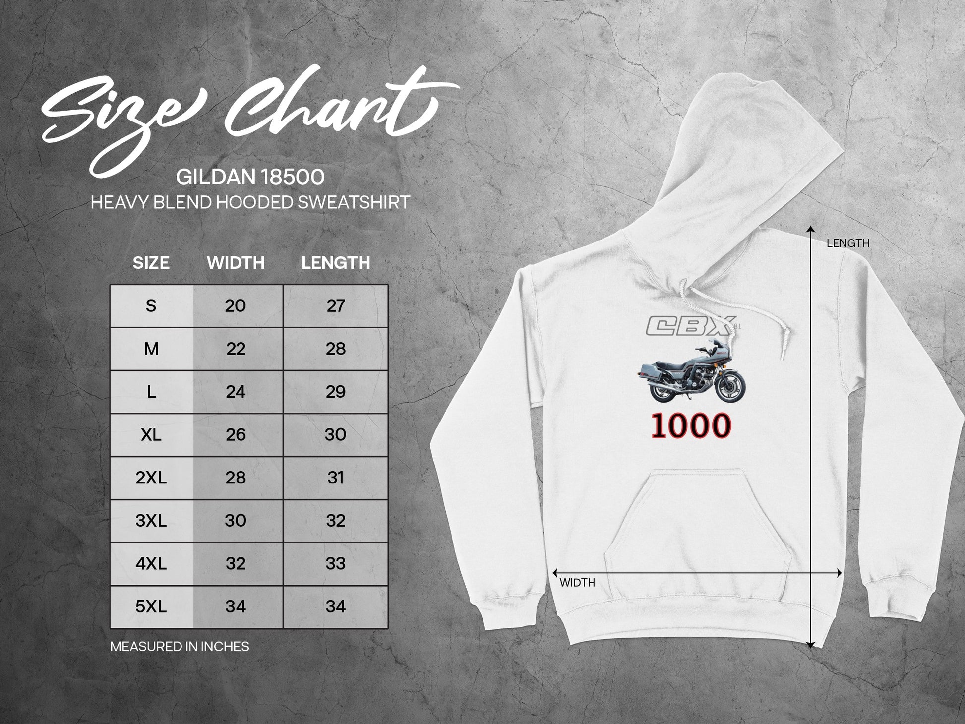 Custom CBX 1000 Motorcycle Hoodie Size Chart