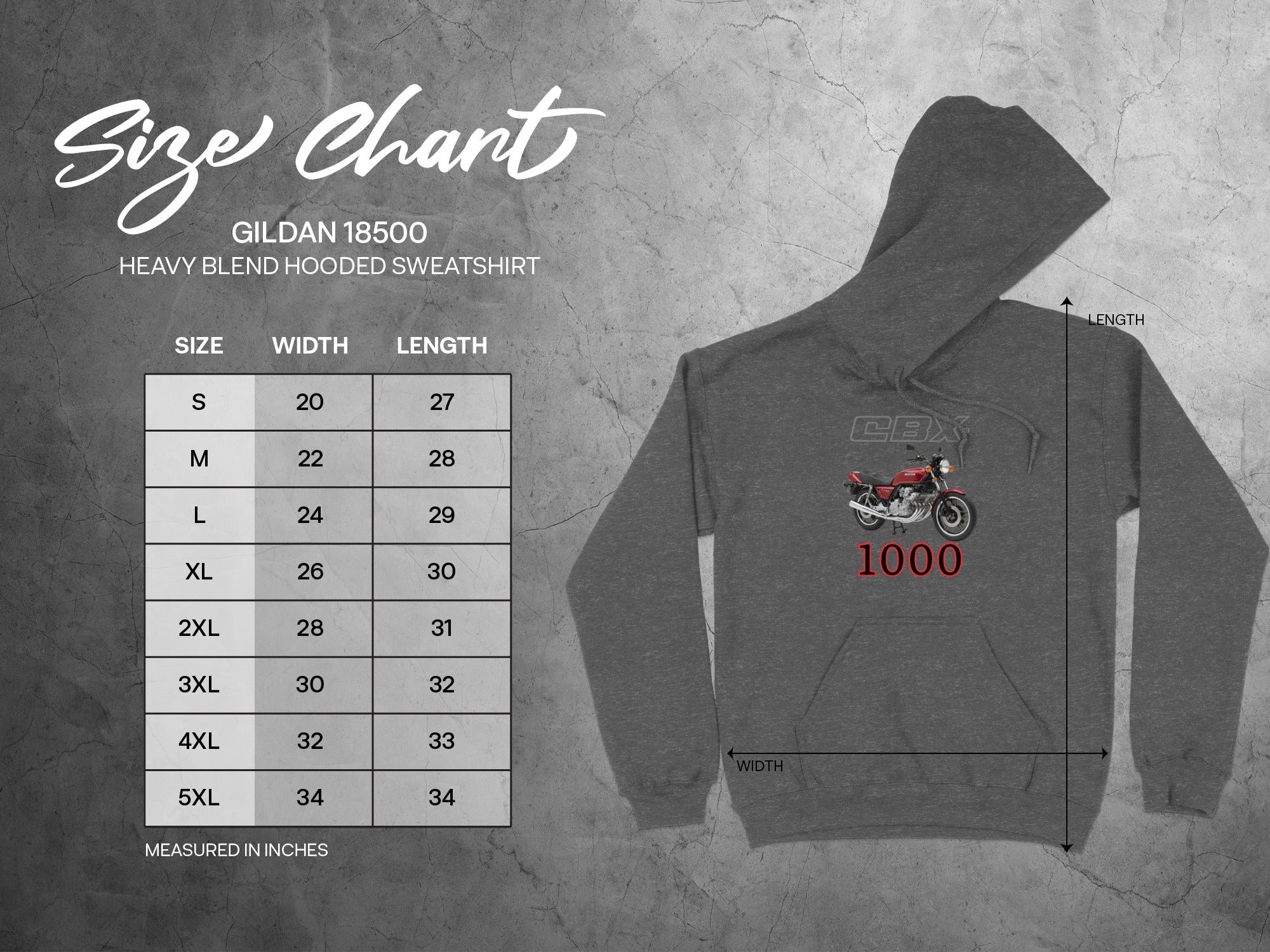 Stylish Hoodie with Motorcycle Design Size Chart Product