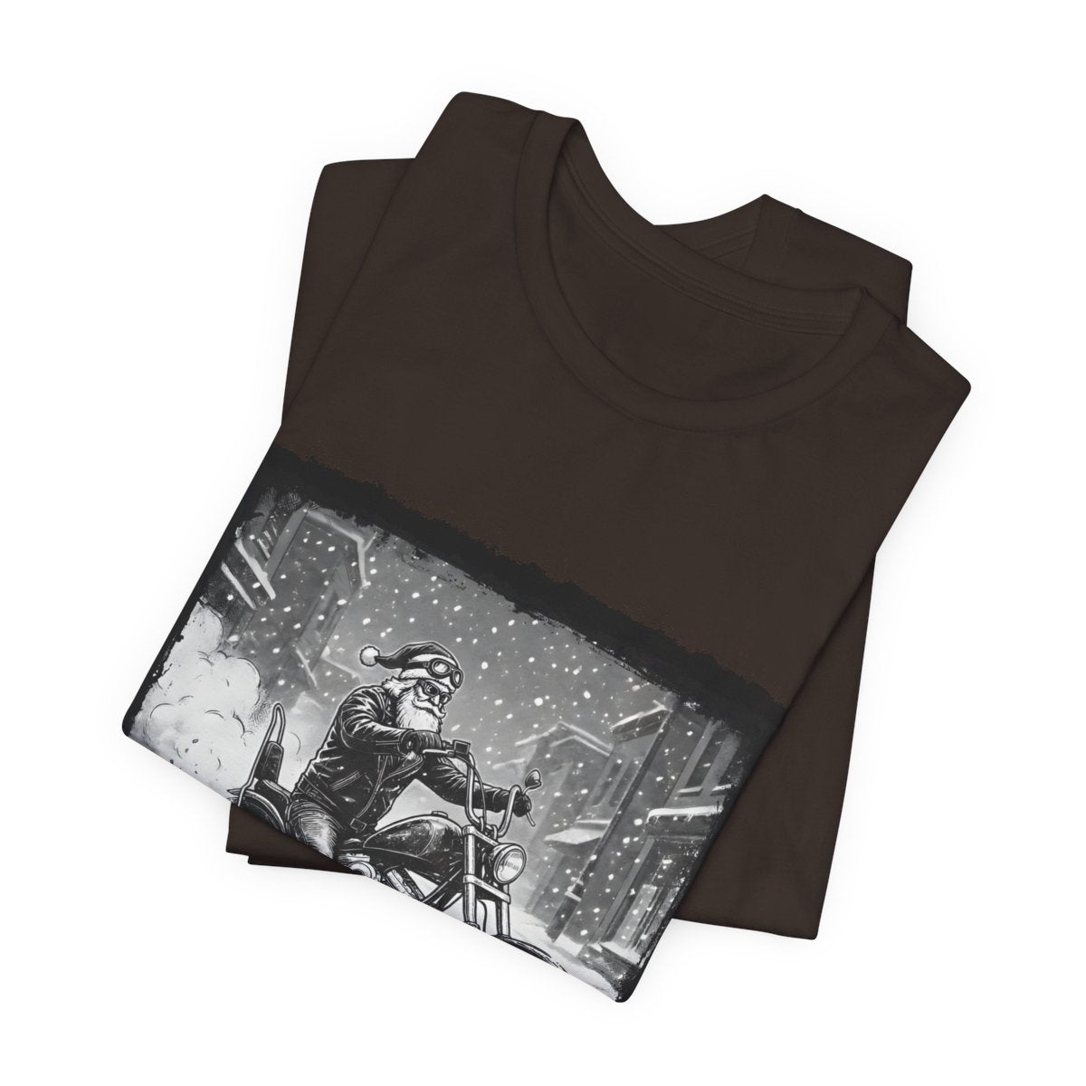 Santa Riding Motorcycle in Snow Printed T-Shirt