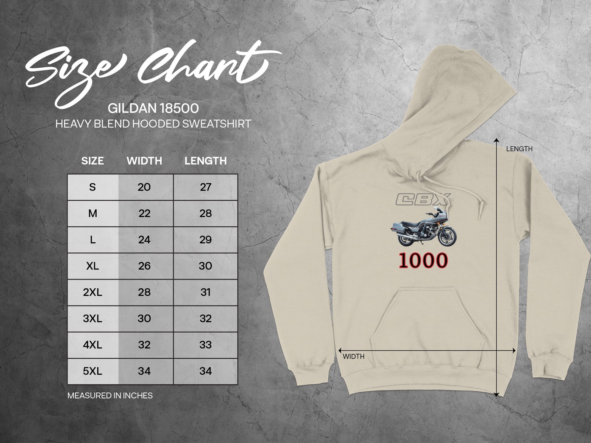 CBX 1000 Hoodie Size Chart Detailed Unisex Sweater